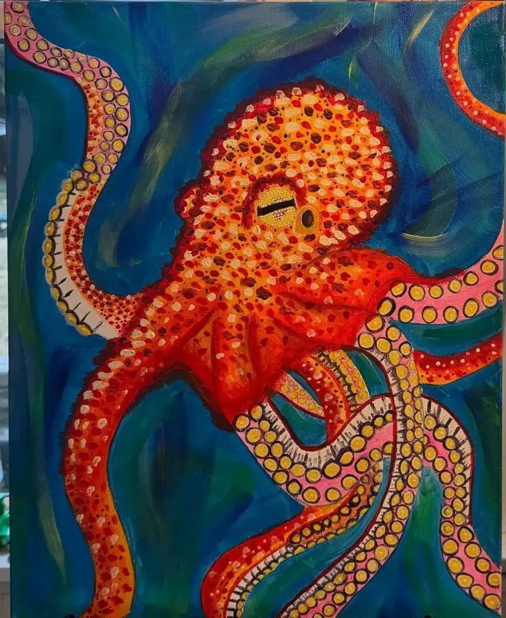 Deep Orange, acrylic octopus painting by J.M.