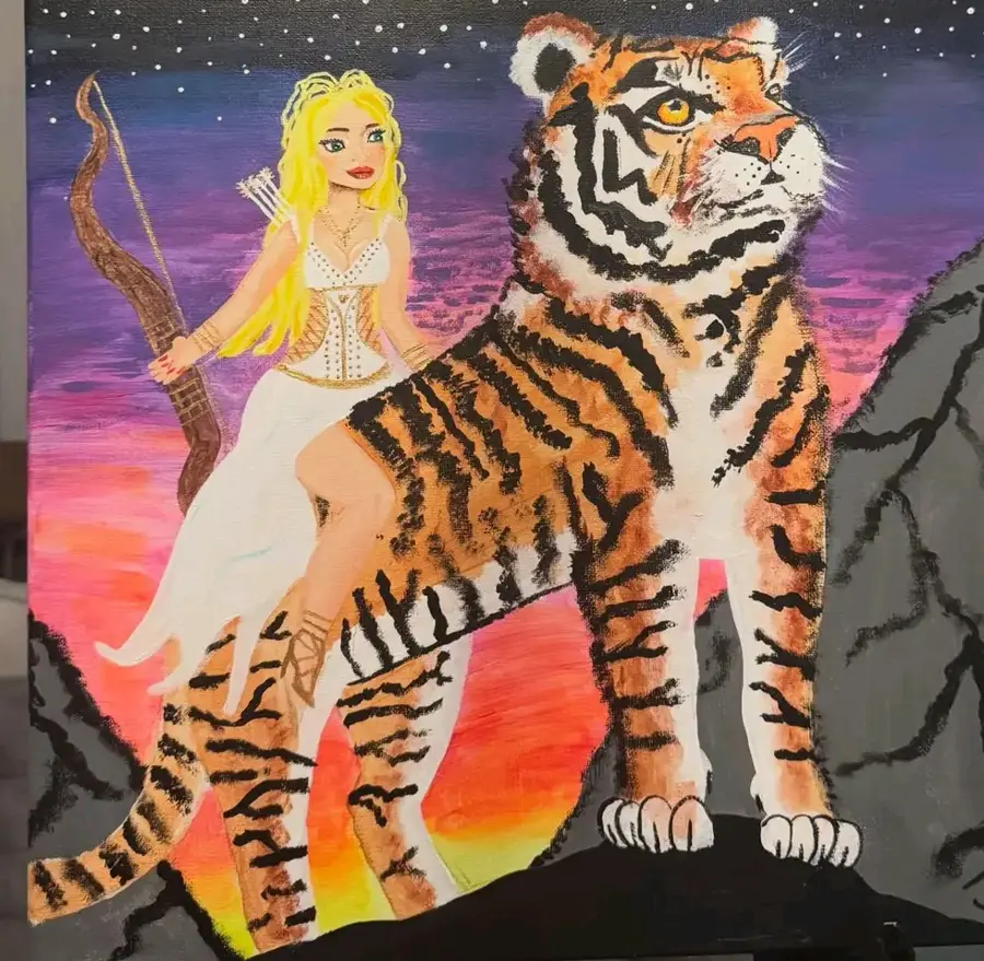 Huntress and Tiger, acrylic on canvas by J.M.